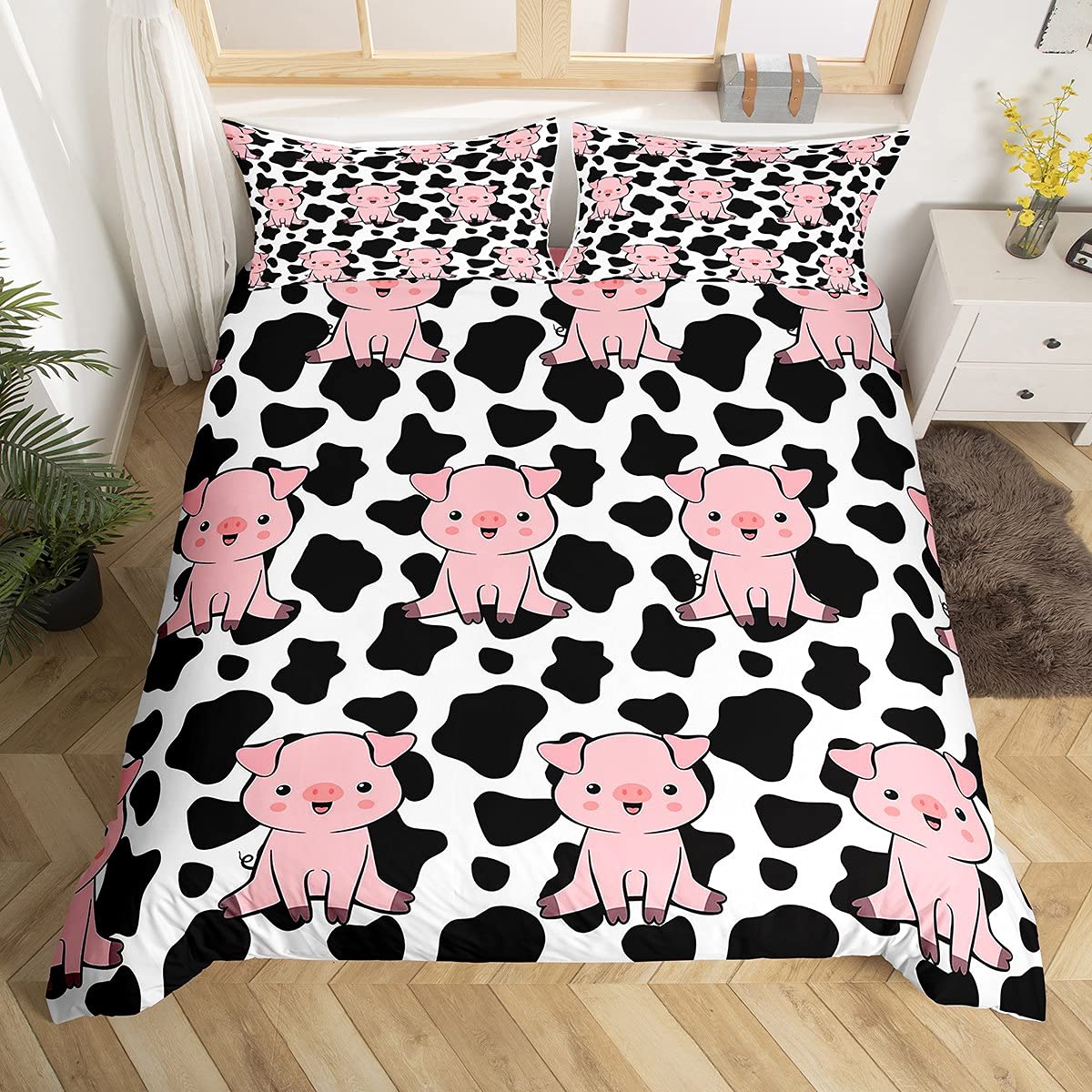 Loussiesd Pig Duvet Cover Kids Cute Pink Pig Bedding & Linen Black White Cow Bedding Set Boys Girls Cartoon Farm Animal Bedding & Linen Ultra Soft King Size Zipper