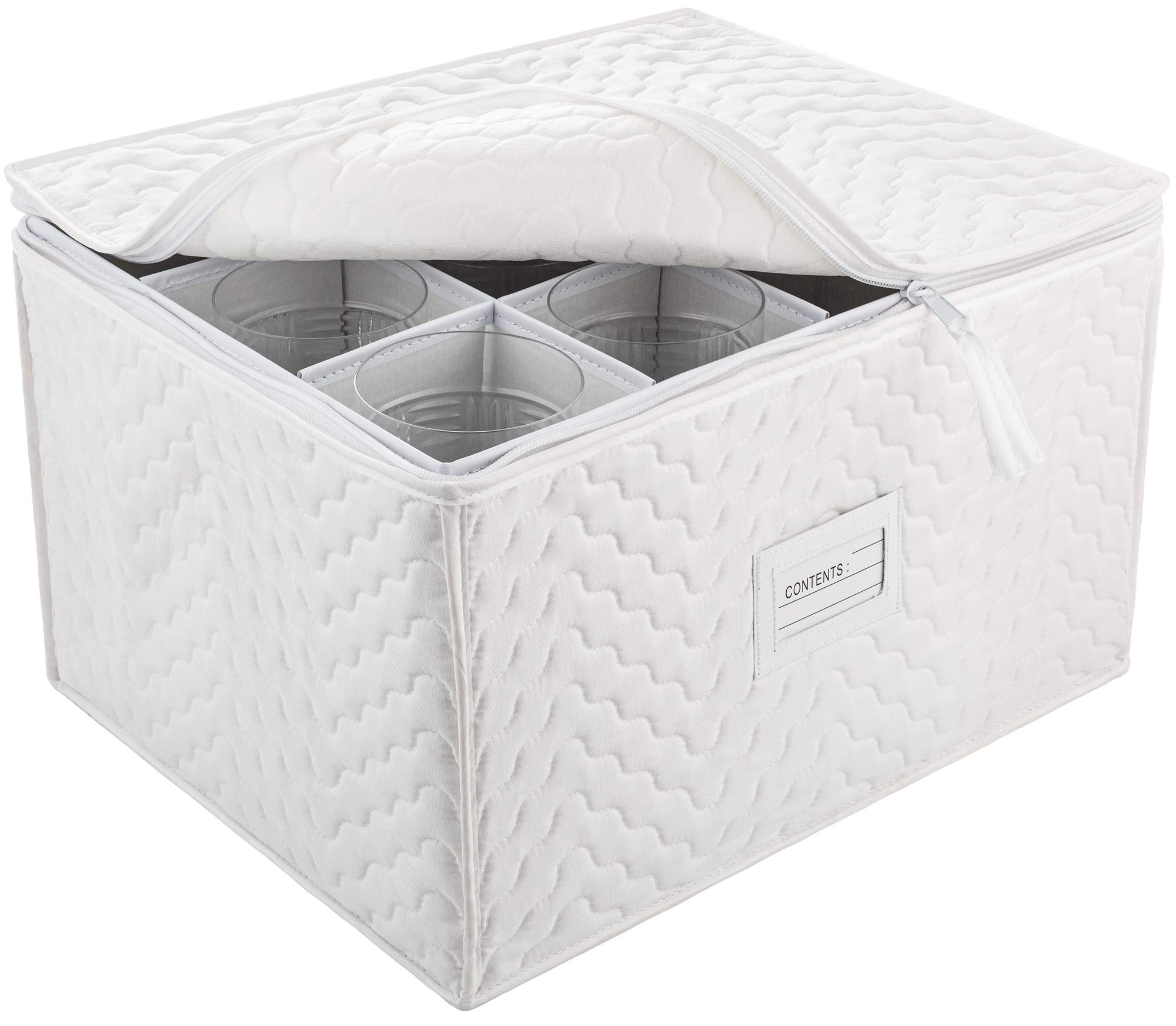 Gleur Quilted Storage Container for Crystal Glass Stemware - With Dividers to Fit Drinking Glassware, Champagne Flute, Wine Glasses Set of 12 - Use as Portable Travel Carrier Case, Moving Boxes