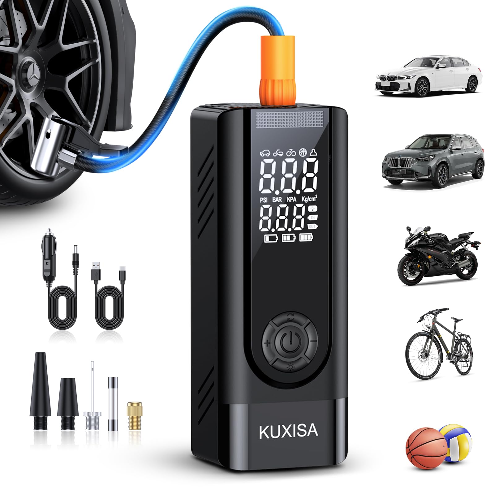 KUXISA Tire Inflator Portable Air Compressor, 3X Faster Air Compressor with Digital Pressure Gauge, 180 PSI Portable Air Pump for Cars, Motorcycles, Bicycles, Balls and More(Black) Image