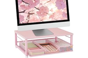 Gugsey Small Pink Laptop Stand for Desk, Monitor Stand, Office Desk Accessories, Computer Desktop Stand with Drawer for Home, Office, School (Pink)