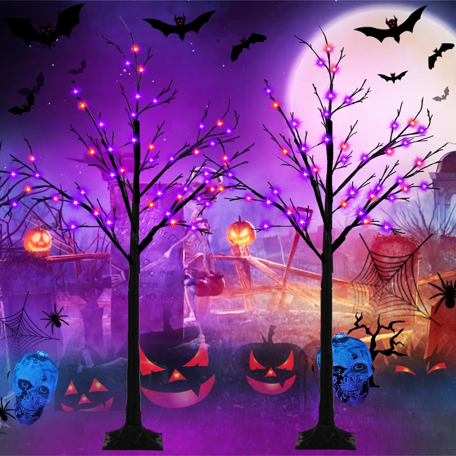 Trees - 2-Pack 4FT Lighted Black Halloween Tree with 96 LED Orange & Purple Lights, Higher Size, Timer Function Halloween Trees Lights Spooky Tree for Indoor & Outdoor Halloween Decorations Home Party Decor