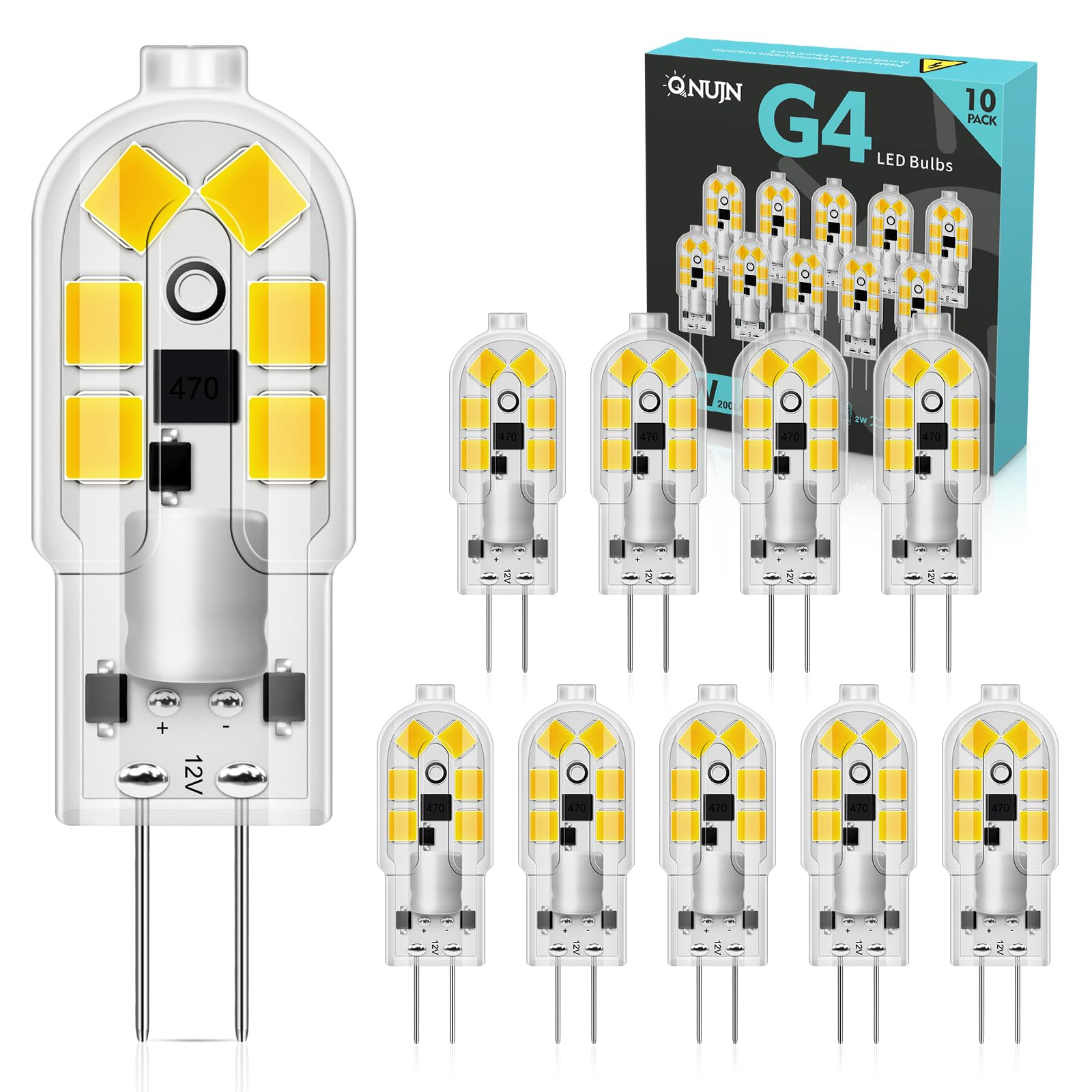 QNUJN G4 LED Bulbs, 2W 12V Light Bulb Cool White 6000K, Equivalent to 20W Halogen Bulb, 200LM, Non-Dimmable No Flicker, Bi-Pin Base Energy Saving Light Bulbs for Lighting Decor, Chandelier, 10 Pack