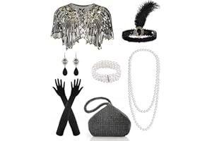 7pcs 1920s Flapper Accessories Set Roaring 20s Costume with Shawl Wrap Headband Gloves Beaded Bag for Women Vintage Party