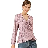 Allegra K Women's Floral V Neck Wrap Top Long Sleeve Tie Waist Ruffle Peplum Blouse