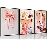 3Pcs Pink Cowgirl Canvas Wall art Western Boots Coquette Bow Girls Painting Picture Wall Decor Preppy Girly Posters Print Artwork for Girls Bedroom Aesthetic Apartmen Girly Dorm Decor 12x16in Unframed