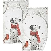 senya Christmas Towels Cotton Hand Towels Pack of 2, Dalmatian Dog Red Bird Ultra Soft Highly Absorbent Towels for Bathroom, 16x28 Inches