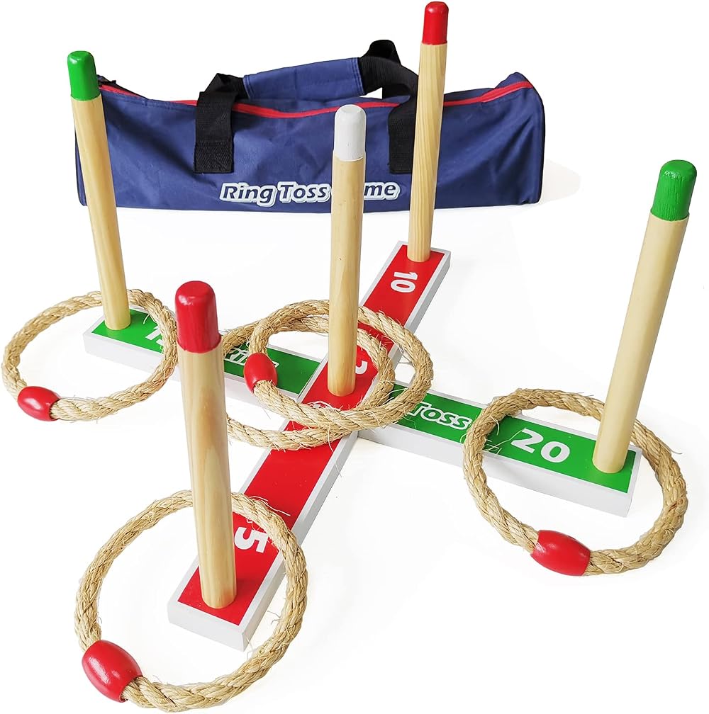 JacJoe All Pro Wooden Ring Toss Game Set 5 Rope Rings with Carry Bag
