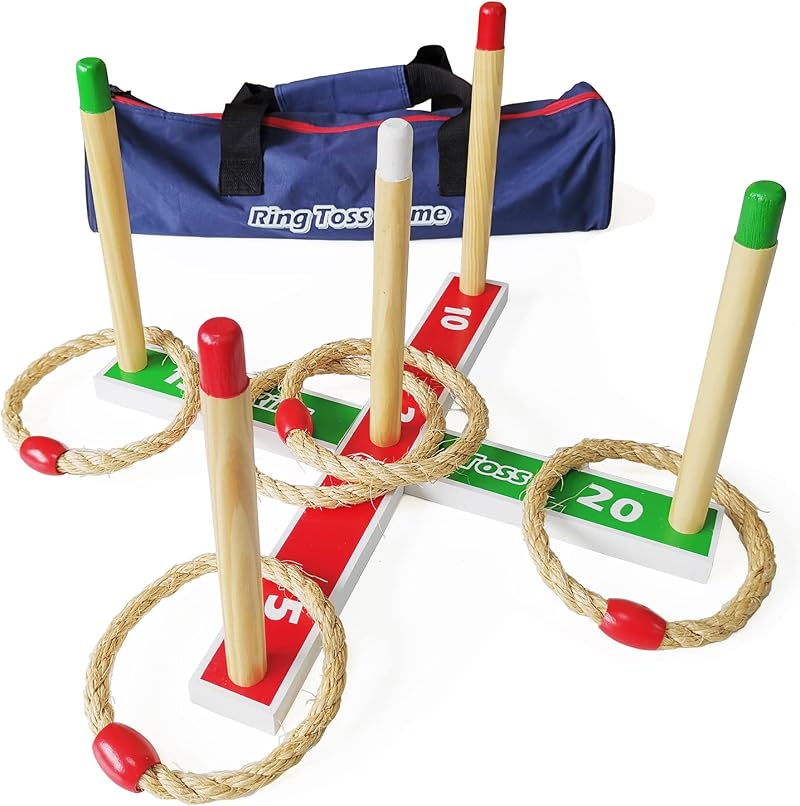 JacJoe All Pro Wooden Ring Toss Game Set 5 Rope Rings with Carry Bag