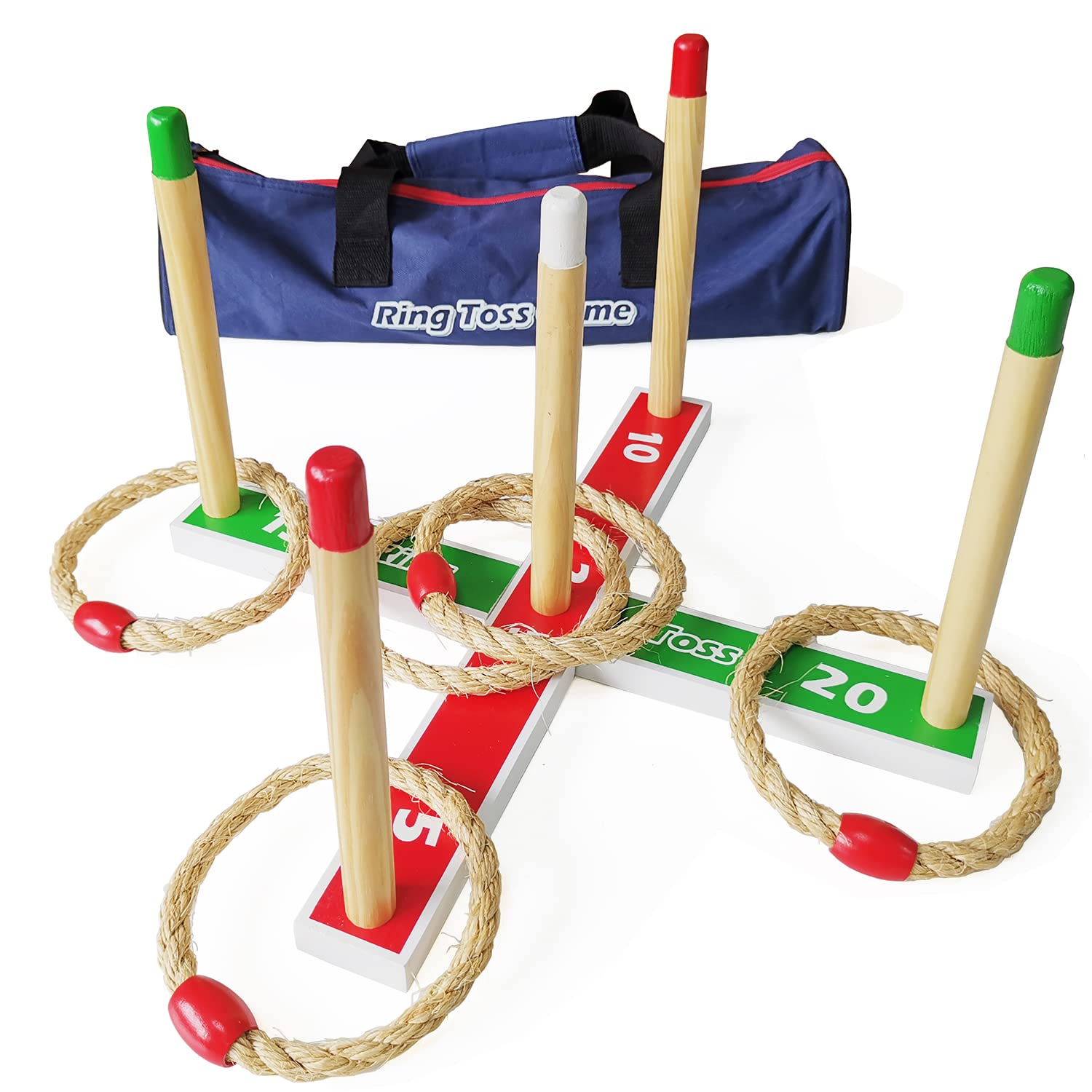 wooden Ring Toss Games - Quoits Games set 5pcs rope rings with Carry Bag
