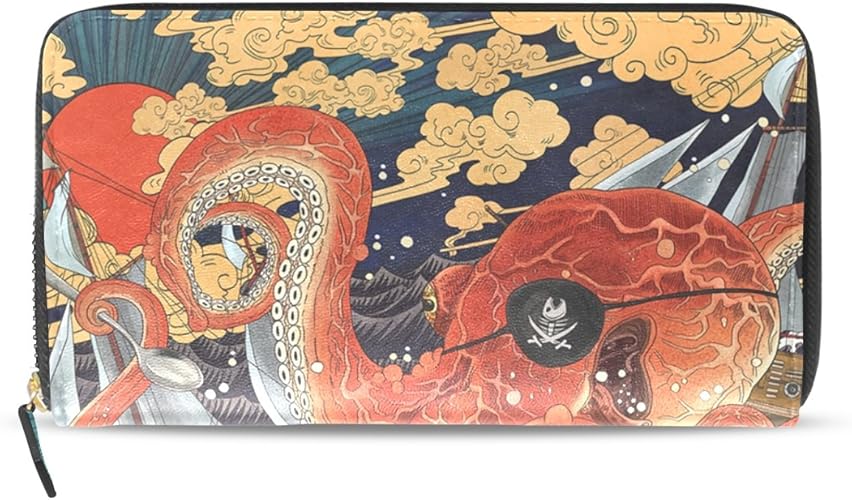 Amazon 長財布 レディース 大容量 浮世絵 うきよえ 海で タコ ラウンドファスナー 革 レザー おしゃれ カード12枚収納 プレゼント対応 財布