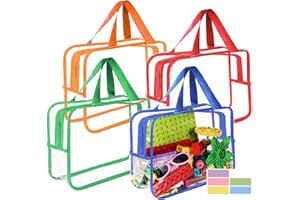 Jiejieko 4 Pcs Toy Storage Bags, Clear PVC Toy Organizer with Zipper, Waterproof Travel Bags with Labels for Building Blocks,