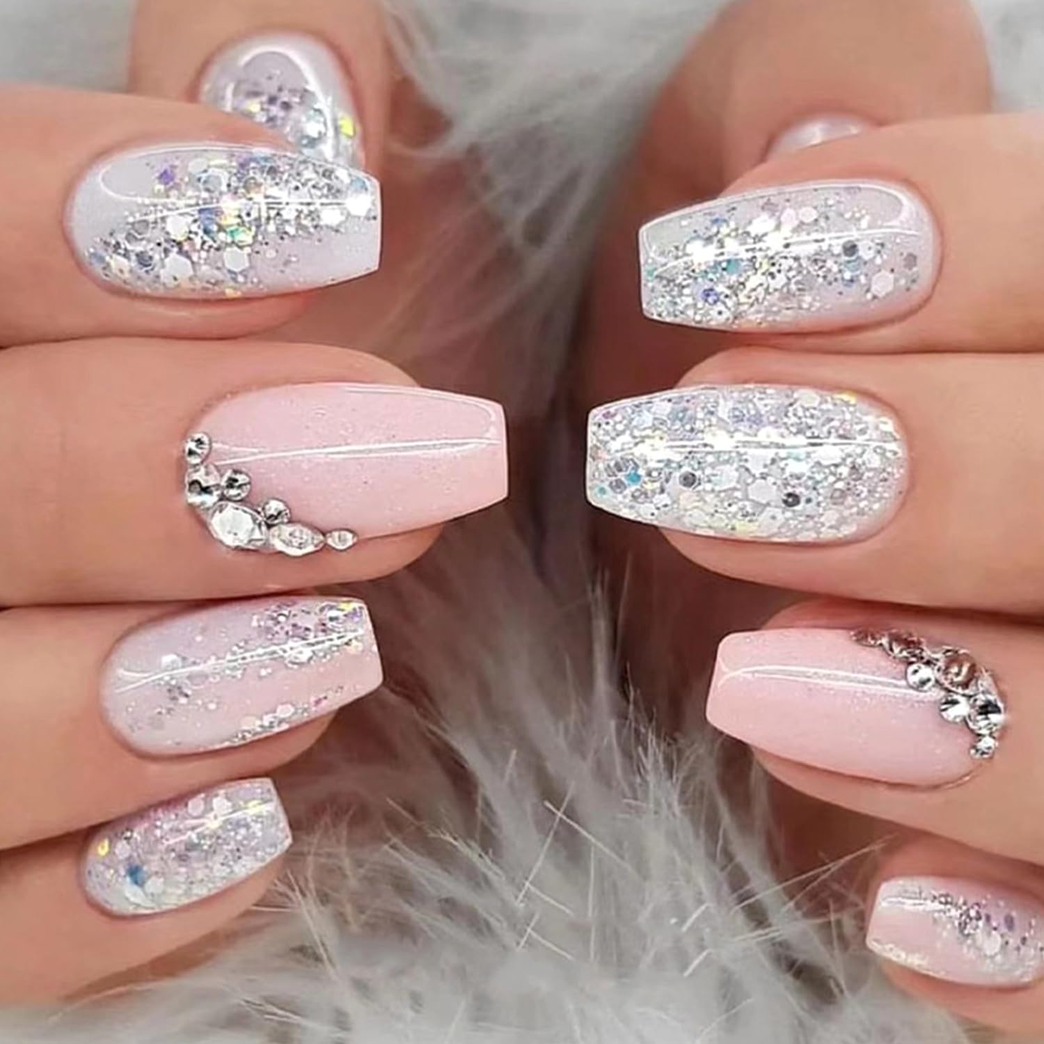 Silver Glitter Press on Nails Medium Square Fake Nails with Rhinestones Design Glossy Pink White Artificial False Nails for Women Girls DIY Manicure Decoration Reusable Stick on Nails Glue on Nails