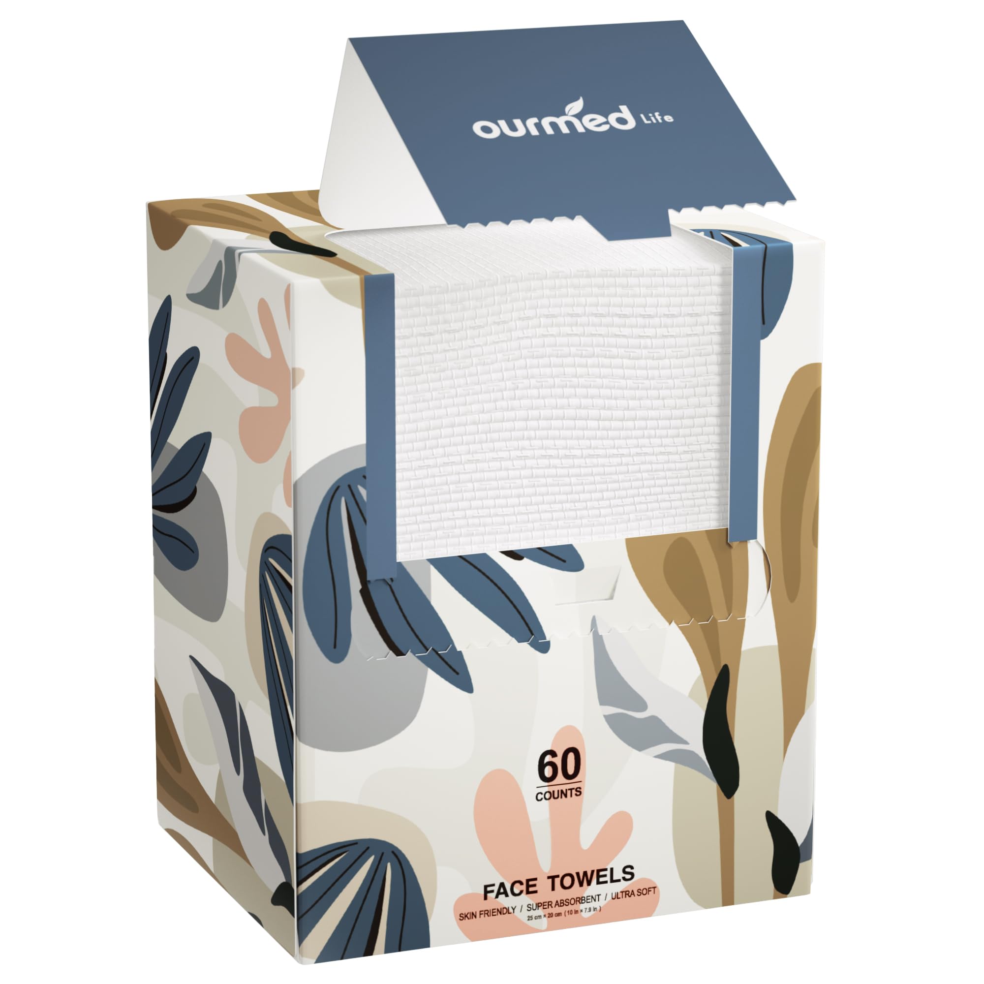 Ourmed Life Face Towels, Disposable Biodegradable Facial Towels for Sensitive Skin, Lint- Free Face Wipes for Washing Face, Skincare and Makeup Remover, Dry Wipes, 10"×7.8" Extra Large, 60 Count