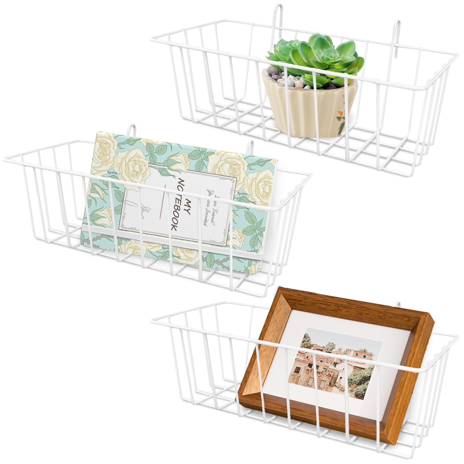 Photo 1 of 3PCS Wire Baskets,Metal Wire Storage Basket,Wall Hanging Bin and Display Basket for Kitchen,Cabinet,Pantry,Bathroom,Home Decor Supplies,Potted Plants,White