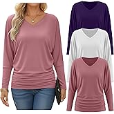 Oakgarden 3 Pack Women's Dolman Long Sleeve Tops Casual Flowy Draped Side Ruched Shirts V Neck Lightweight Bat Wing Basic Tee