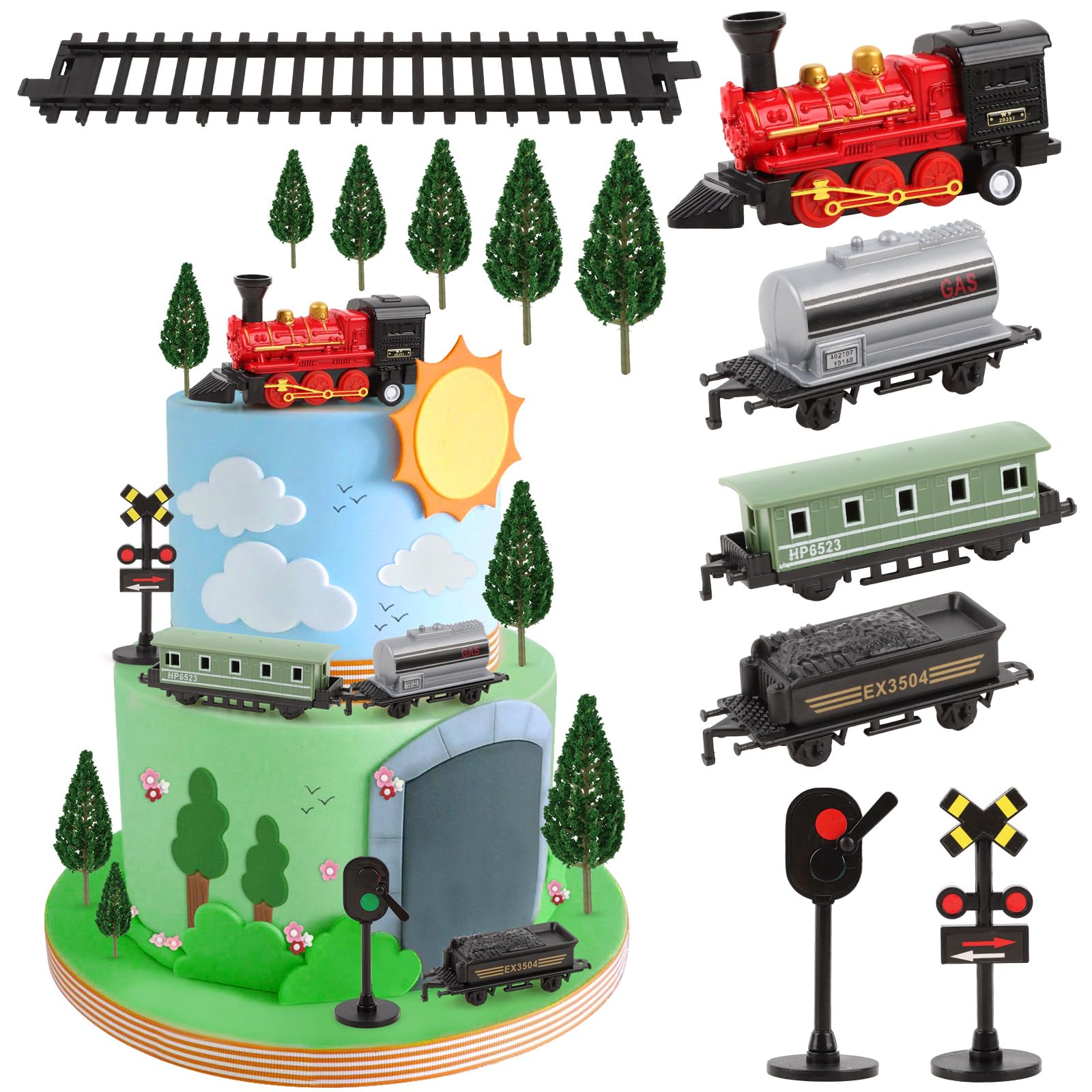 Photo 1 of ***MISSING PARTS***
Hooqict 12Pcs Train Cake Topper Birthday Party Decorations Train Cake Decorations Set with Mini Railroad Track, Traffic Light, Railroad Crossing Sign Cake Toppers for Kids Boys Birthday Party Supplies