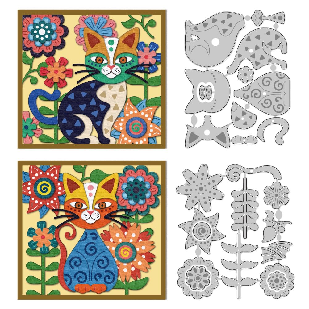 DELORIGIN Artistic Cat Die Cuts, Carbon Steel Flower Die Cuts Cutting Dies Novelty Stencils Scrapbooking Embossing Template Dies for Gift Party Greeting Photo Album Paper Craft Decor