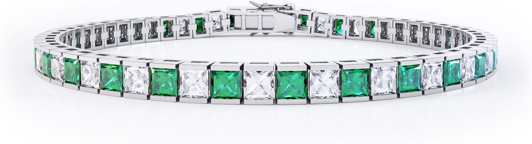 Princess Emerald and Diamond Silver Tennis Bracelet (WHITE GOLD)