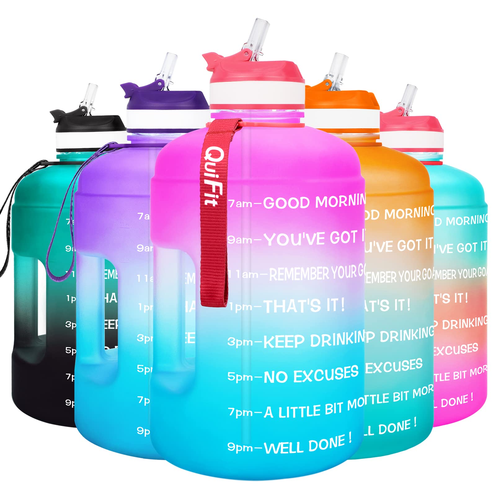 QuiFit 3.78 Litre Motivational Water Bottle - with Straw & Time Marker,Wide Mouth,BPA Free,Reusable,Ideal for Gym,Outdoor Sport,Home & Office (Pink/Blue Gradient, 3.78 Liter)