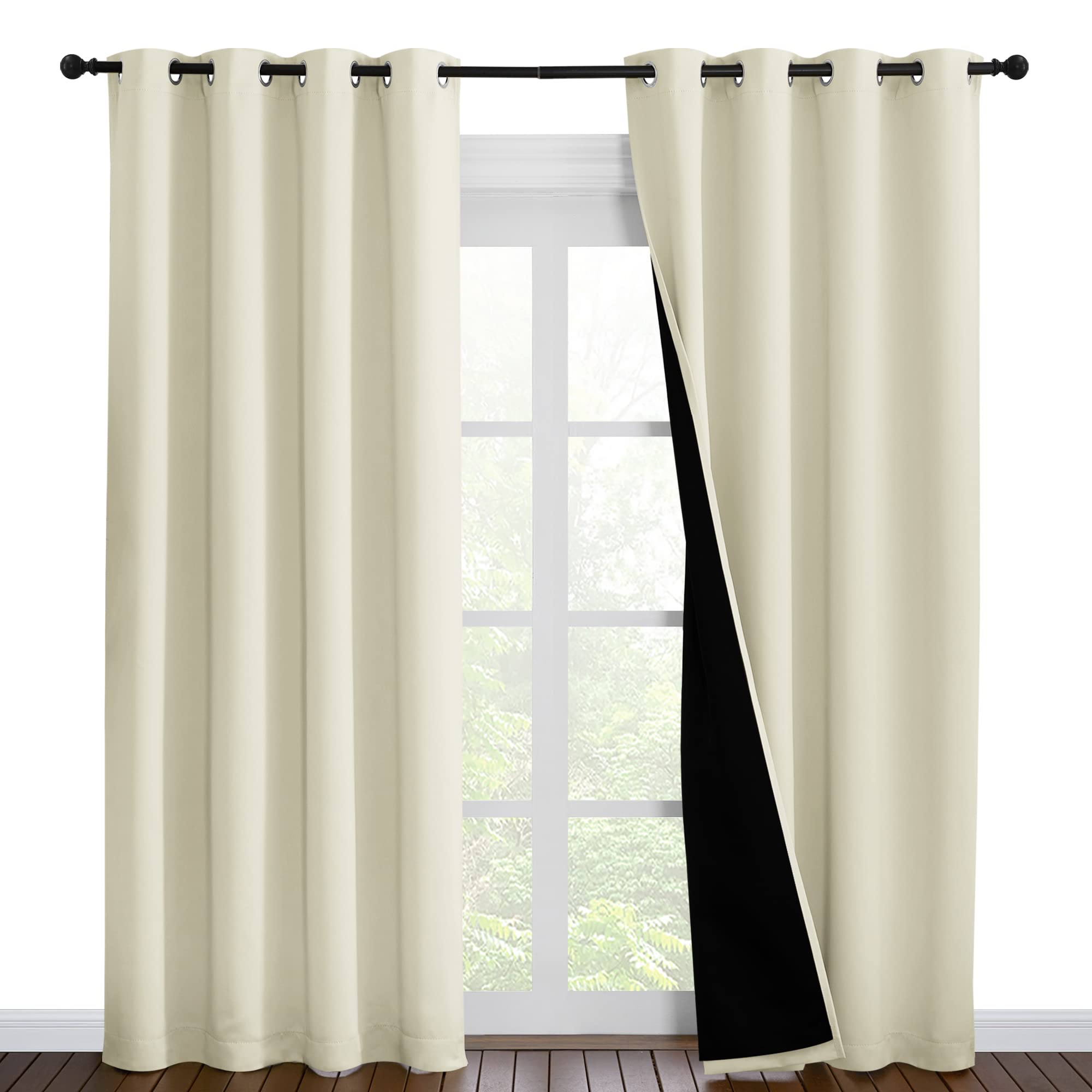 Photo 1 of NICETOWN Living Room Completely Shaded Draperies, Privacy Protection & Noise Reducing Ring Top Drapes, Black Lined Insulated Window Treatment Curtain Panels (Beige, 2 Pieces, W55 x L86)