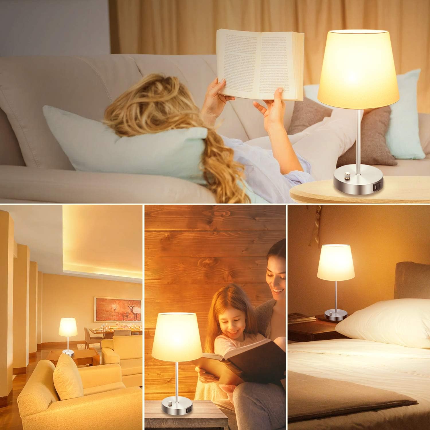 Fully Dimmable Bedside Table Lamp with USB and Type-C Ports, Modern Nightstand Lamp, Desk Reading Lamp with Fabric Shade for Bedroom Living Room Dorm Office & Hotel, 7W 2700K LED Edison Bulb Included - - 