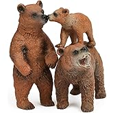 UANDME Grizzly Bear Toys Figurines Set, Plastic Forest Animal Bear Family Figures for Nature Science Learning, Realistic Woodland Creature Party Supplies Cake Toppers, Pack of 3