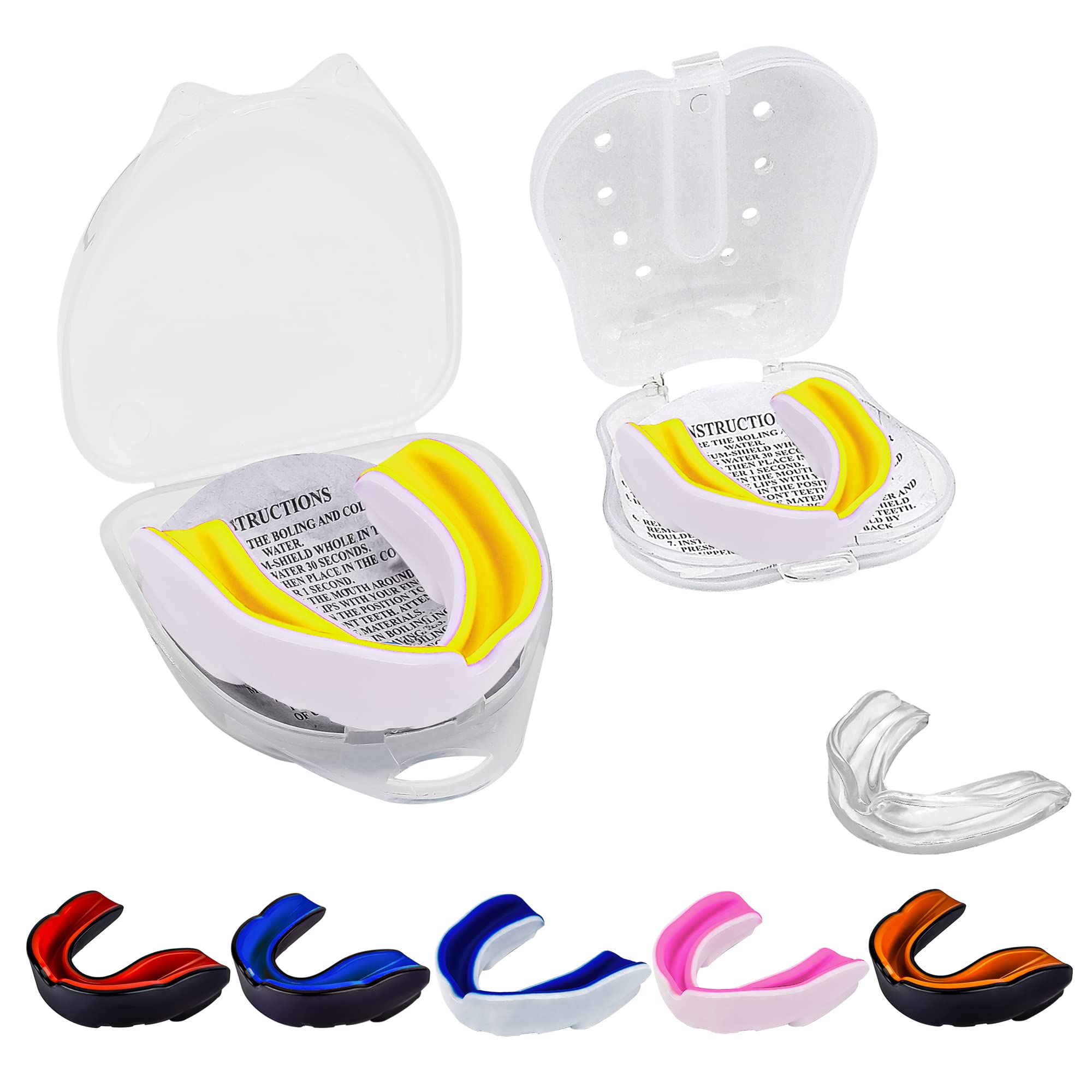 Double Layer Mouth Guard Gum Shield Mouthguard Slim Fit for Adult Senior with Case Great for School Combat Sports Rugby Soccer Hockey MuayThai MMA Boxing Martial Arts Basketball (Snr-White-Yellow)