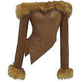 WDIRARA Women's Fuzzy Off The Shoulder T Shirts Y2k Faux Fur Long Sleeve Asymmetrical Knit Tops