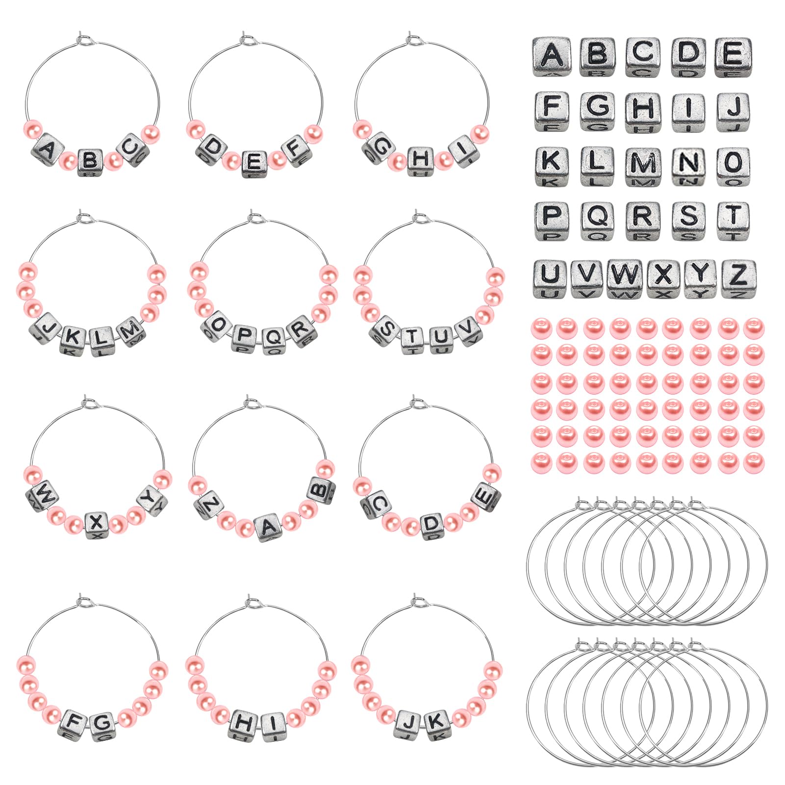 TOAOB 460pcs Wine Glass Charms Set Personalized Name Glass Markers 30mm Wine Glass Charm Rings 6mm Acrylic A to Z Square Letter Beads and Pink Pearl Beads for DIY Jewellery Wine Glass Markers — image 1
