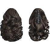 Tiklans Black Ponytail Extension, 9" Short Claw Clip in Ponytail Hair Extensions Hair Piece Natural Soft Synthetic Curly Wavy Pony Tail Hair Pieces for Women (Black Brown)