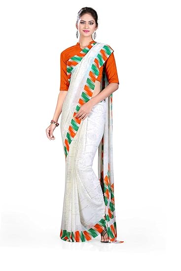Uniform Sarees Corp Womens Tricolor Premium Soft Georgette Saree (Orange)