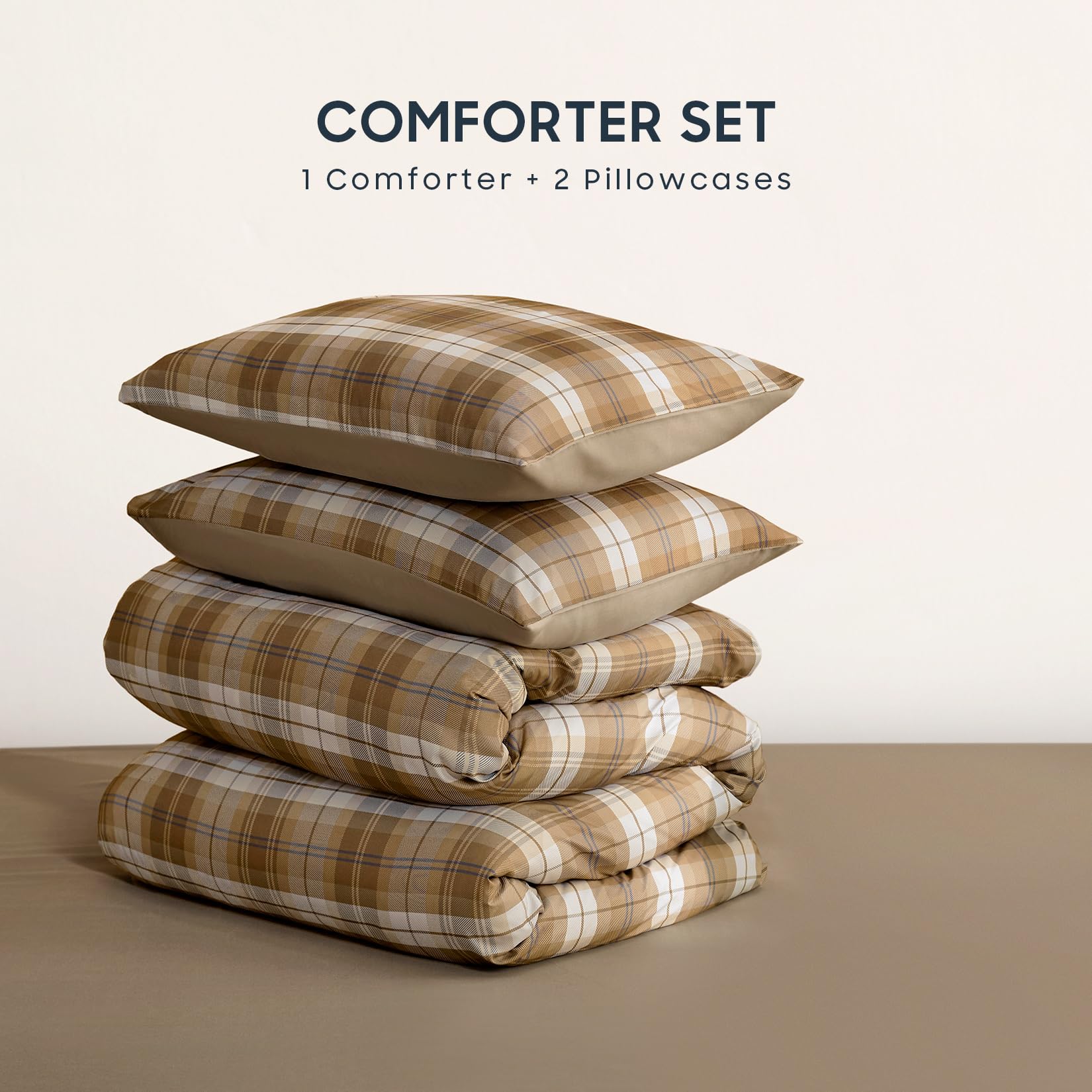 Condition photo showing New/Like New for wake in cloud - plaid comforter set, scottish tartan check geometric modern pattern printed, soft lightweight bedding, 3 pieces, brown, twin/twin xl size