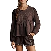 Wefebi Women's Faux Suede Lace Poplin Mesh Peplum Babydoll Tops Long Puff Sleeves Crew Neck Flared Swing Blouse Shirts