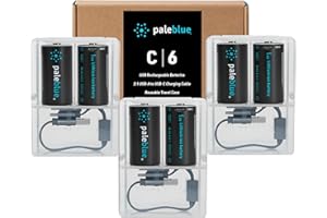 PALEBLUE Rechargeable C Batteries with USB Charger by Pale Blue, Lithium Ion 1.5v 2800 mAh, Charges Under 3.5 Hours, Over 1000 Cycles, 2-in-1 USB to USB-C Charging Cable, LED Charge Indicator, 6-Pack