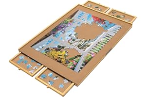 Bits and Pieces Jigsaw Puzzle Board with Drawers, Puzzle Board 1000 Pieces, 22 Inch x 30 Inch Wooden Tray Table with 4 Organizing Piece Sorting Trays, Portable, Easy Storage for Puzzles