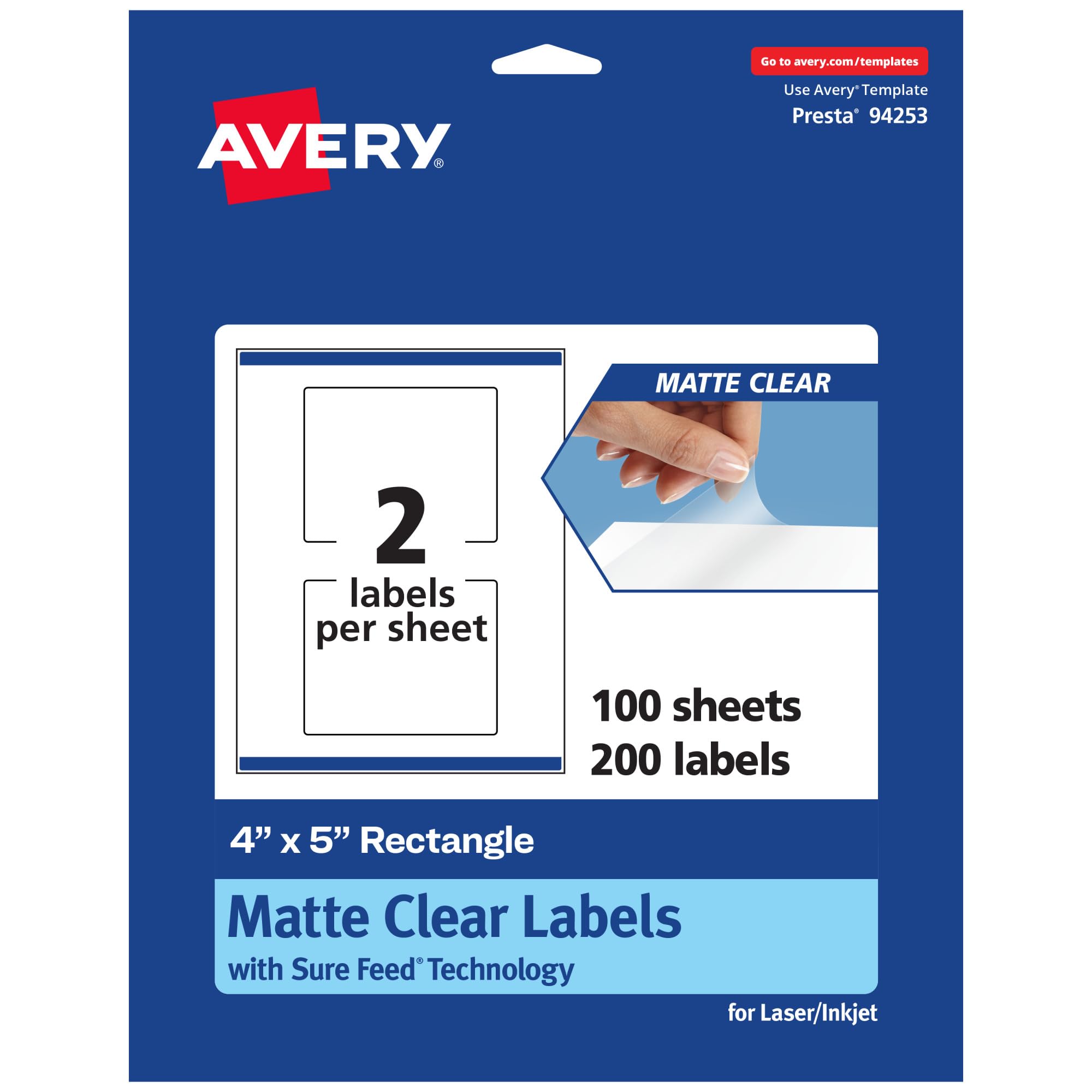 Photo 1 of Avery Matte Clear Rectangle Labels, Sure Feed Technology, 4" x 5", 200 Matte Clear Labels, Print-to-The-Edge, Laser/Inkjet Printable