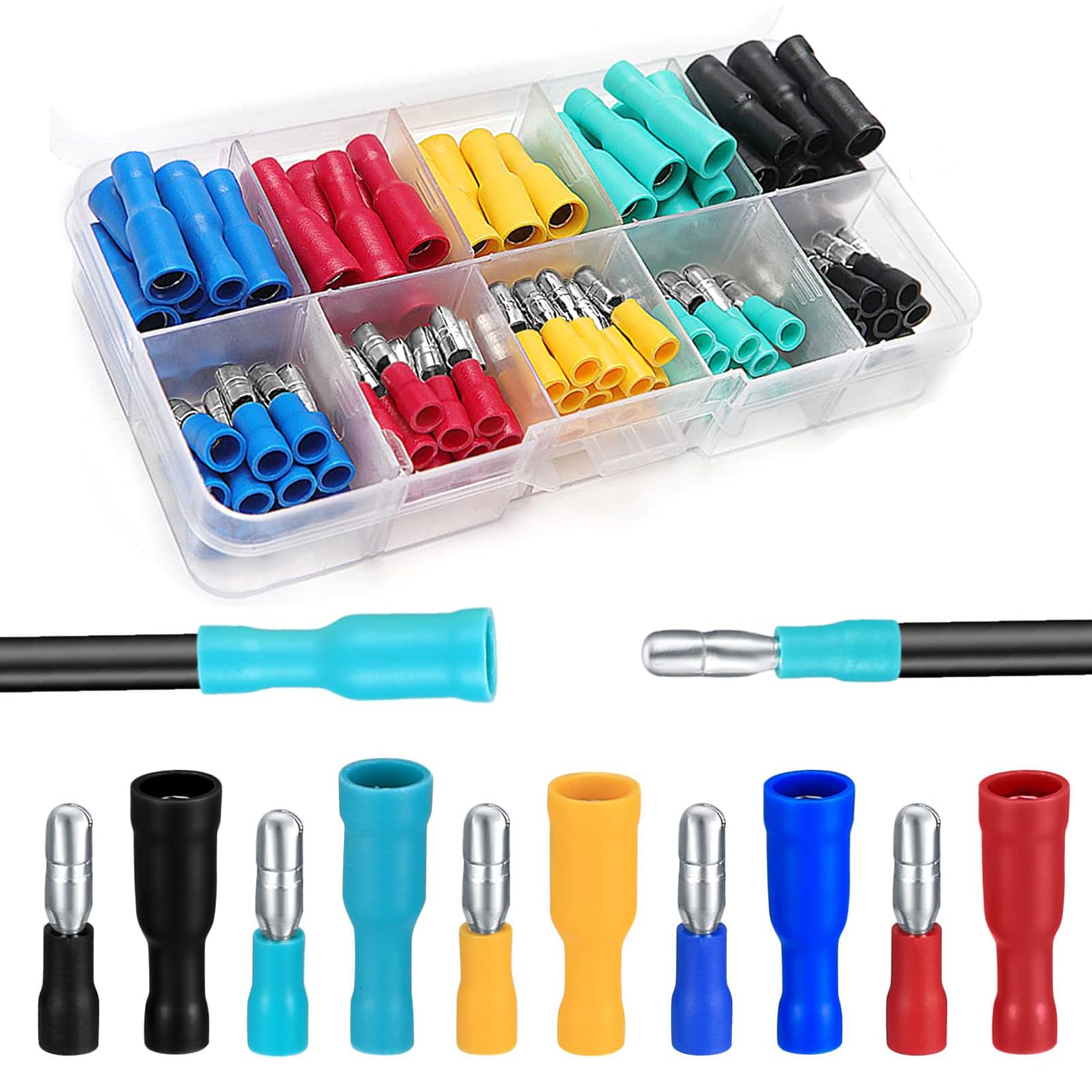 100PCS Crimp Connectors - Insulated Male & Female Copper Bullet Connectors for 12V Wire, Automotive & Household Cables