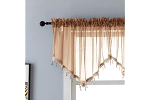PEARAGE Beaded Sheer Valance Curtains for Living Room,Rod Pocket Farmhouse Window Valance, Bead Trim Tassel Voile Sheer Curtain Valance for Bedroom Bathroom Cafe 51x24 Inches (Brown) 1PC
