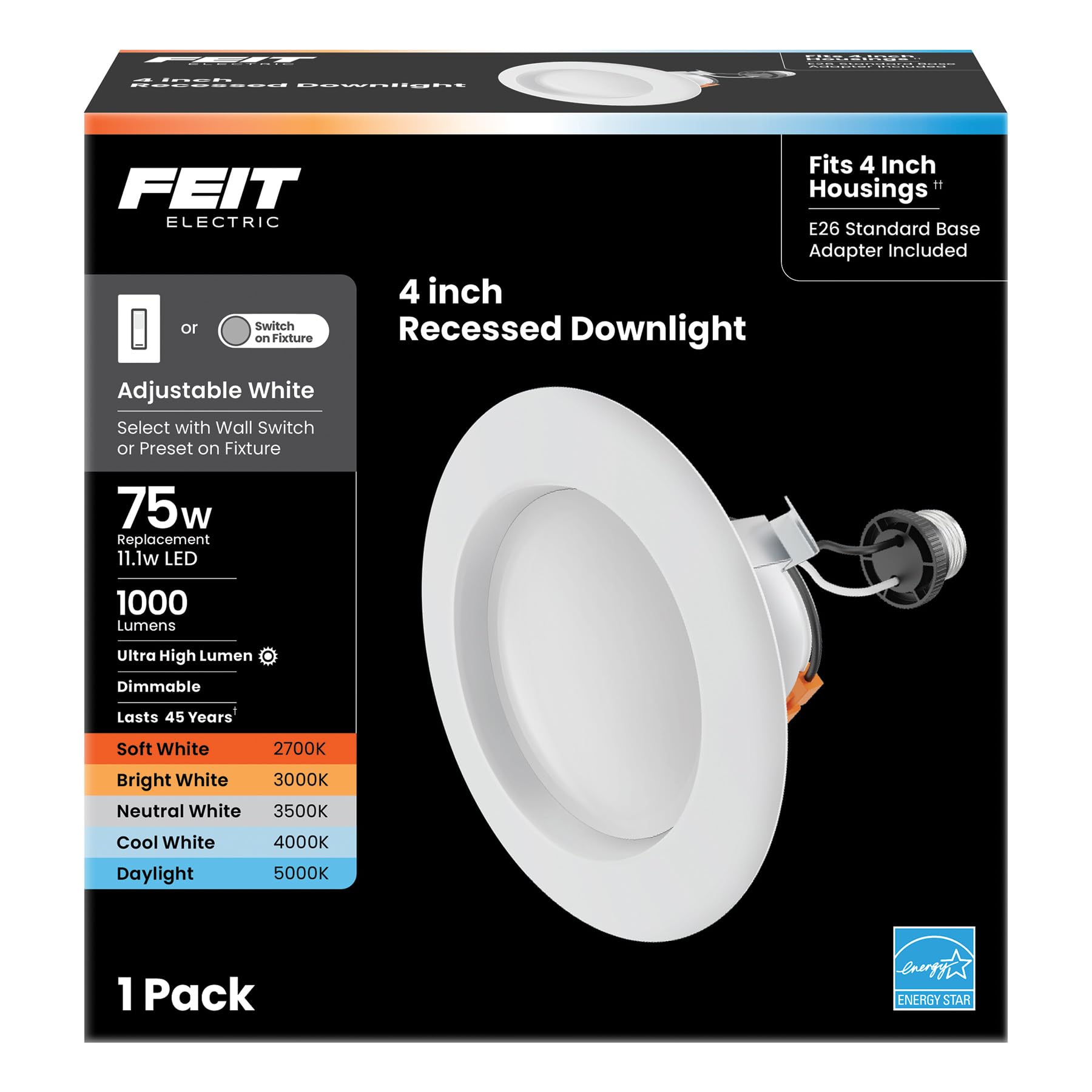 Photo 1 of Feit Electric Enhance 4in LED Recessed Downlight, 75W Equivalent, 1000 Lumens, Dimmable, Adjustable White Color Temperature, Fits Most 4-Inch Housings, 90+ CRI, 50,000-Hour Lifetime, LEDR4XHO/6WYCA