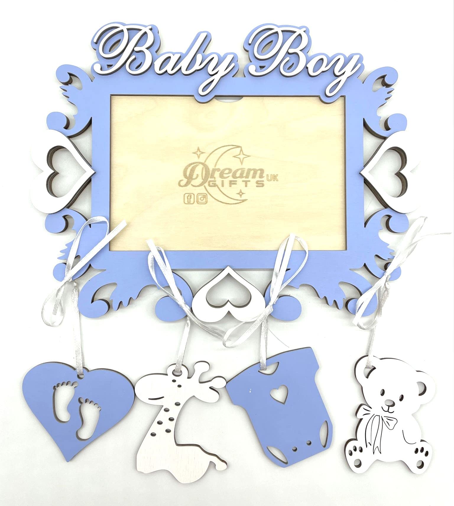 Baby Boy, Baby Wooden Photo Frame Custom Hand Made for Tabletop or Wall, Decorative Style, Gift idea, Giraffe (Lilac Blue)