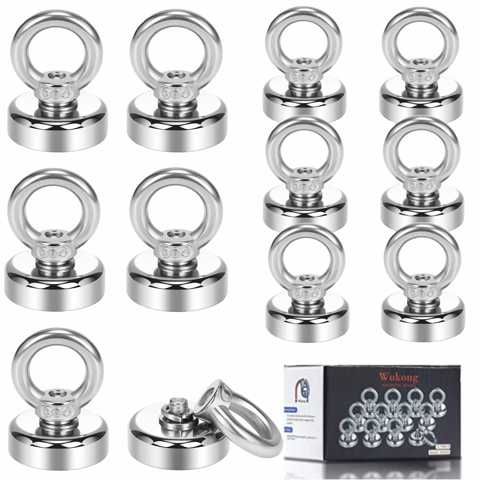 Wukong 12 Pack Magnet Hook,19kg Pulling Force Powerful Round Neodymium Fishing Magnet Heavy Duty Magnetic Hooks Diameter 0.98 inch(25mm)
