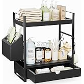 Aollewoiti 2-Tier Bathroom Counter Organizer with Drawer and Basket, Wood Countertop Organizer for Storage, Skincare Organizers for Vanity, Counter Shelf for Bathroom Organization, Black