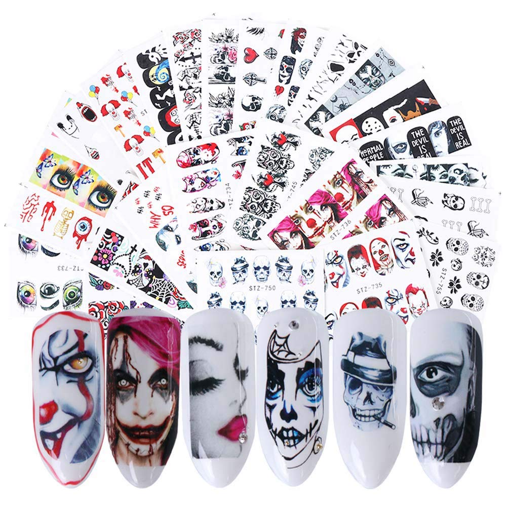 Halloween Nail Art Stickers - Day of the Dead Water Transfer Decals, 24 Sheets Skull, Ghost, Eye, Hulk, Clown, Witch Designs for Fingernails & Toenails, Party Supply