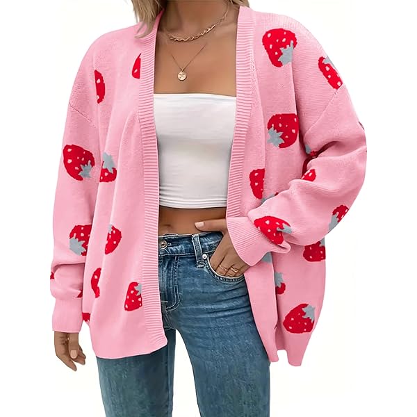 Kawaii Strawberry Print Women's V Neck Long Sleeve T-Shirts Fall