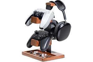 HUMANCOZY Solid Wood Controller Holder and Headphone Stand, Gaming Controller Stand for Desk, Dual Controller Organizer Rack, Fits Xbox, PS4, PS5, Gamepad, Headset Holder for Son, Husband, Boyfriend