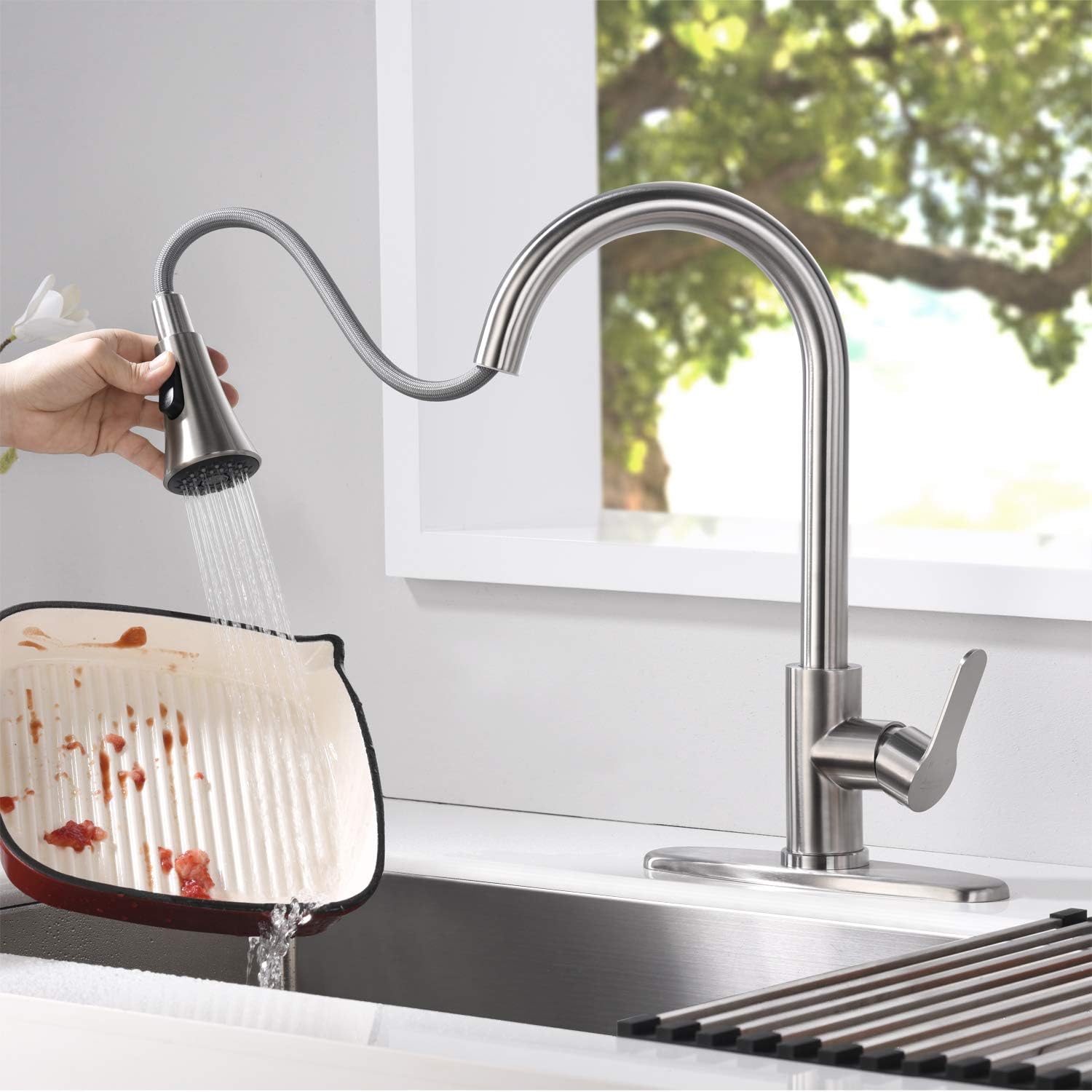 AMAZING FORCE Brushed Nickel Kitchen Faucet with Pull Down Sprayer Kitchen Sink Faucet Single Handle Kitchen Faucet Brushed Nickel Utility Sink Faucet for Laundry Sink Stainless Steel - - 