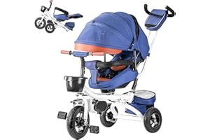 GODMY Baby Tricycle, 4-in-1 Folding Smart Baby Kids Bike Trikes Stroller with Handle, 360°Swivel Seat, 3-Gear Adjustable Carport and Seat Backrest, Adjustable Push Tricycle for Kids 1-6 Years