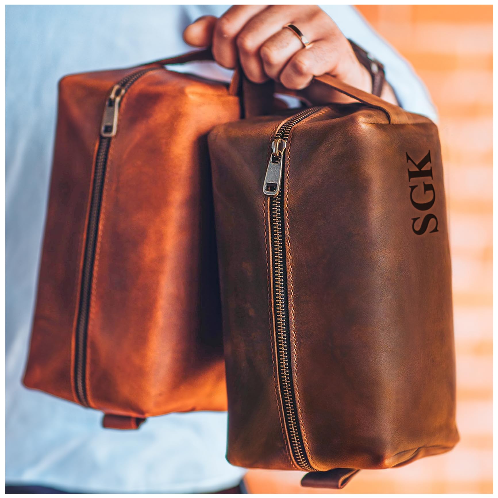 Viva Workshop 100% Genuine Leather Toiletry Bag Engraved Name or Initials – Crafted in USA – Personalized Travel Bag for Men – Customized Birthday, Anniversary, Father & Groomsmen Gift – Mens Waterproof Dopp Kit