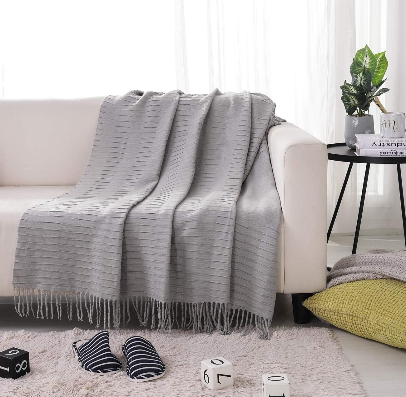 PHF Knit Throw Blanket for Travel Picnic Beach Soft Chunky Cozy Fringed Warm Acrylic Texture Decorative, 50” x 60” Grey: Home & Kitchen