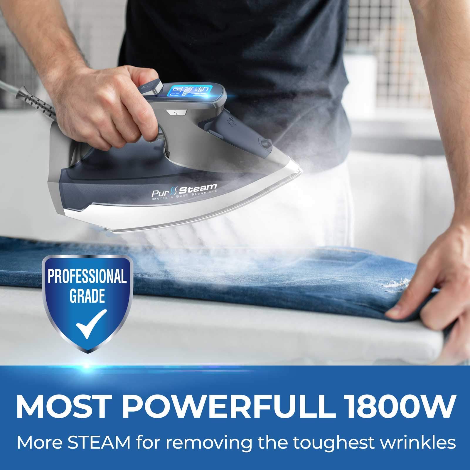 Pursteam Steam Iron for Clothes 1800W with LCD Screen, Nonstick Ceramic Soleplate, Auto Shutoff, Anti-Drip, Self-Cleaning